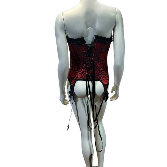 Red & Black Brocade Corset with Garter Straps - Gothic Burlesque Style - Size XL - Picture 3 of 10